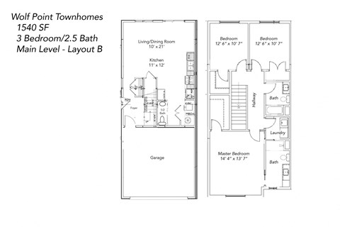 Floor plan for 3 beds, 2.5 baths, 1540 sqft